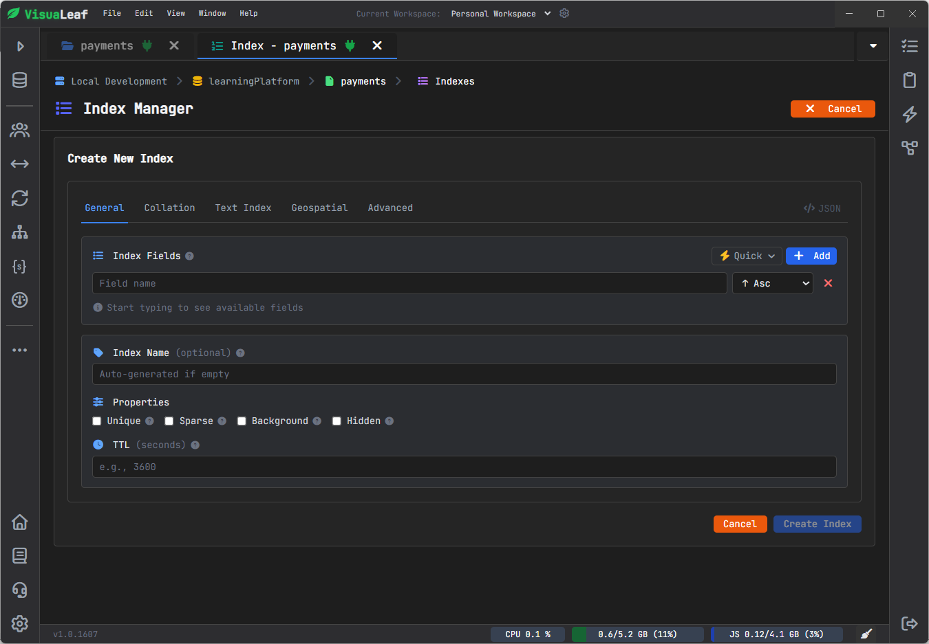 Create MongoDB index visually in VisuaLeaf Index Manager with field direction and index options