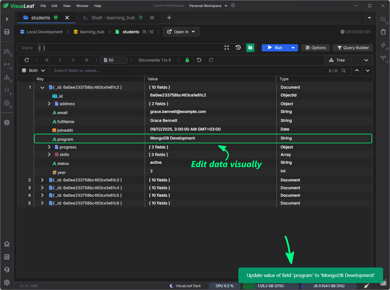 VisuaLeaf showing a MongoDB student document edited directly in Tree View.