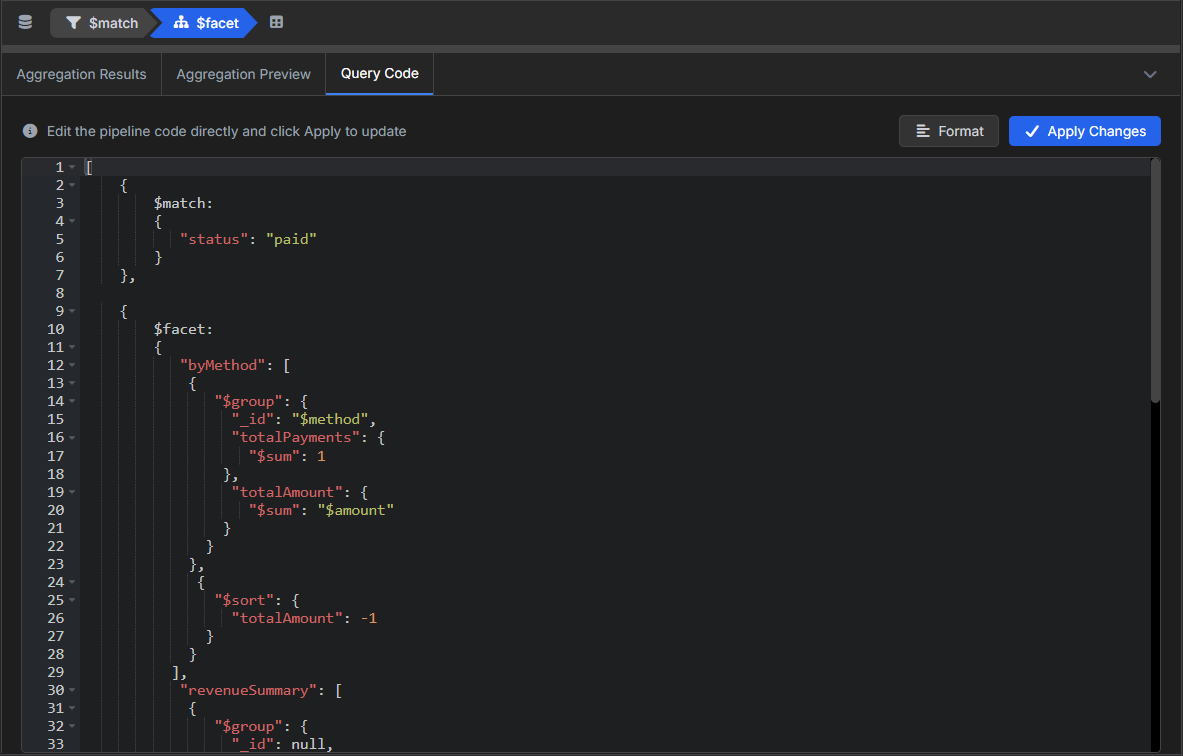VisuaLeaf showing generated query code for a MongoDB $facet aggregation.