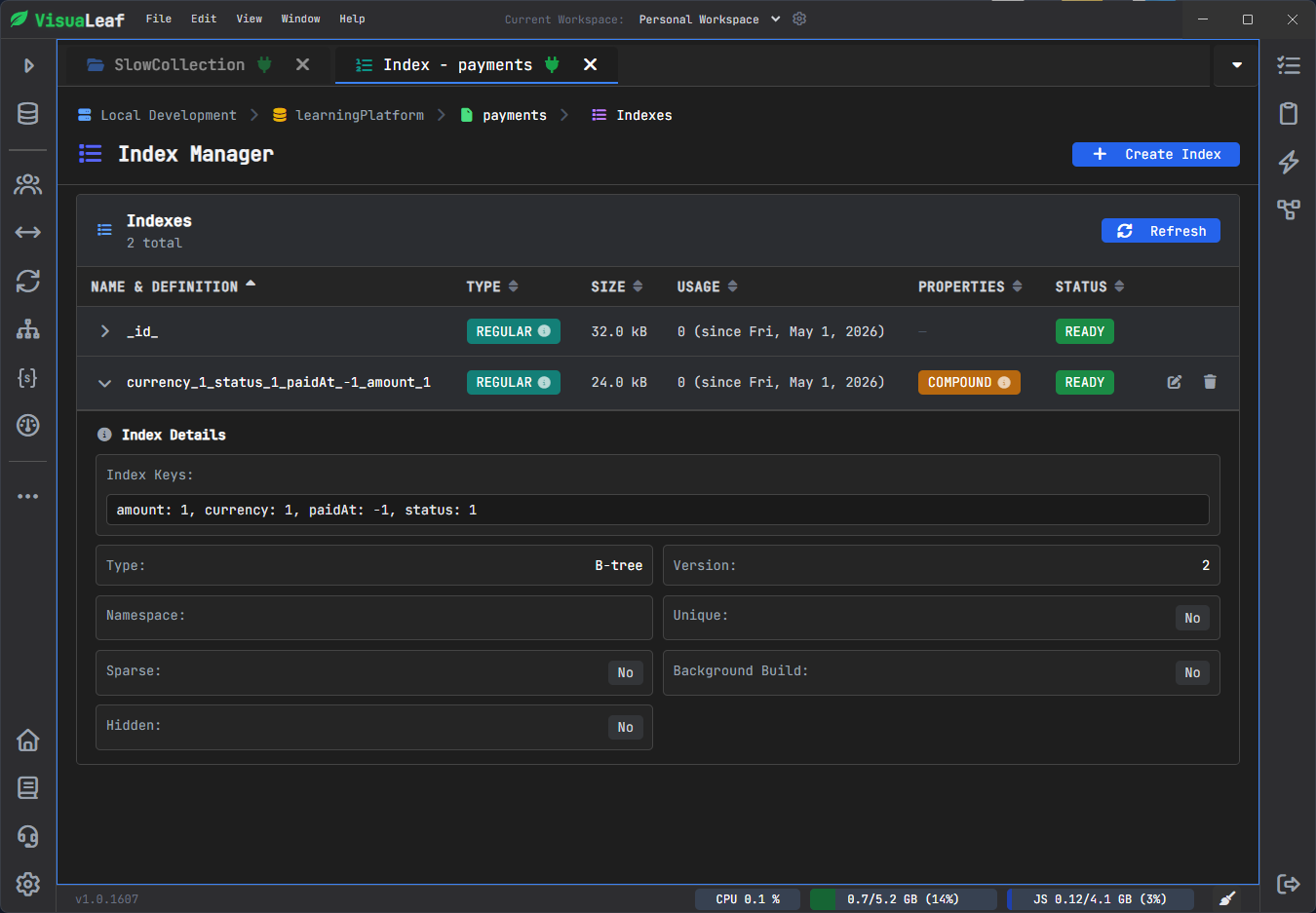 MongoDB Index Manager in VisuaLeaf showing indexes for a payments collection