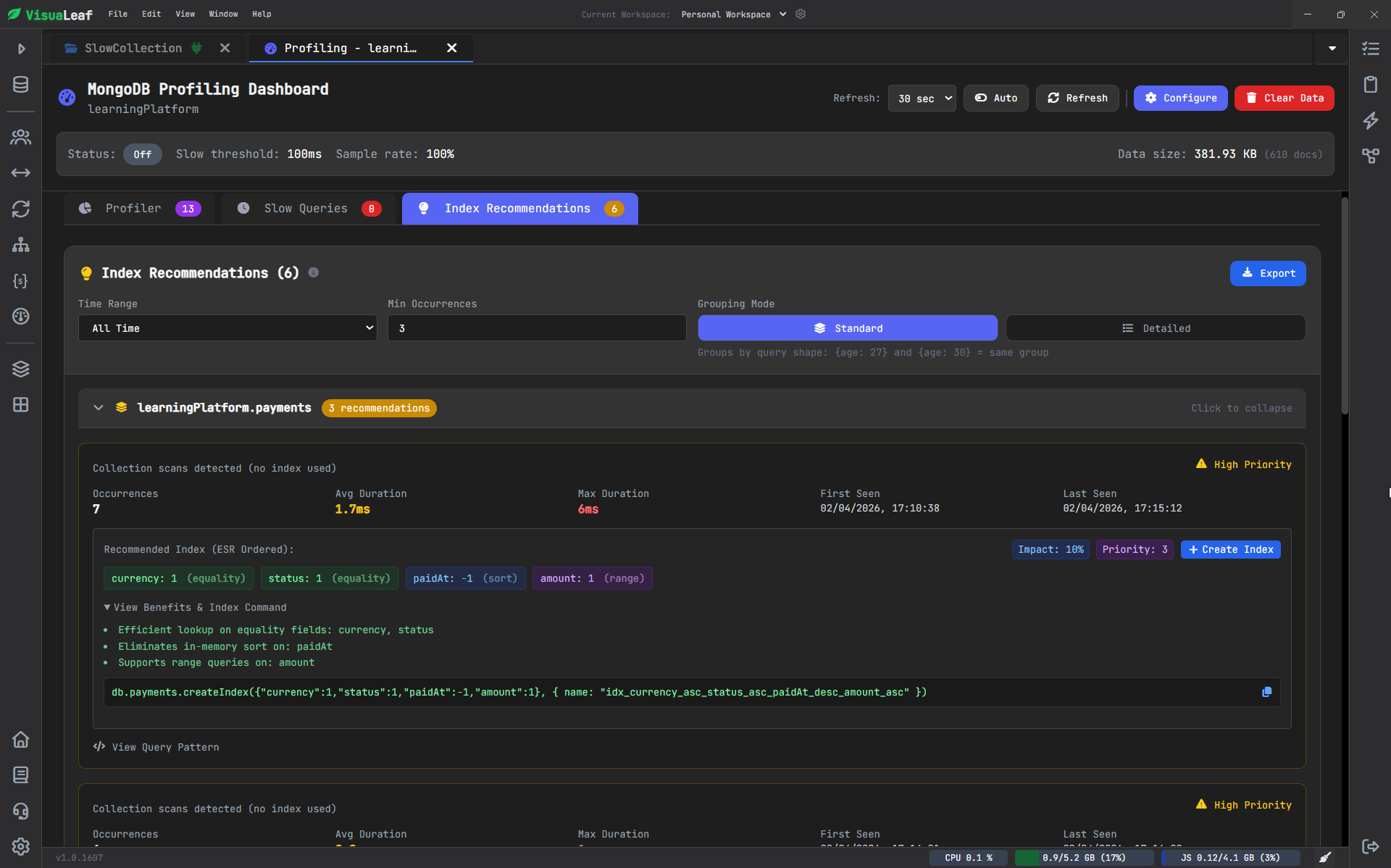 MongoDB index recommendations in VisuaLeaf showing the recommended compound index for the payments collection