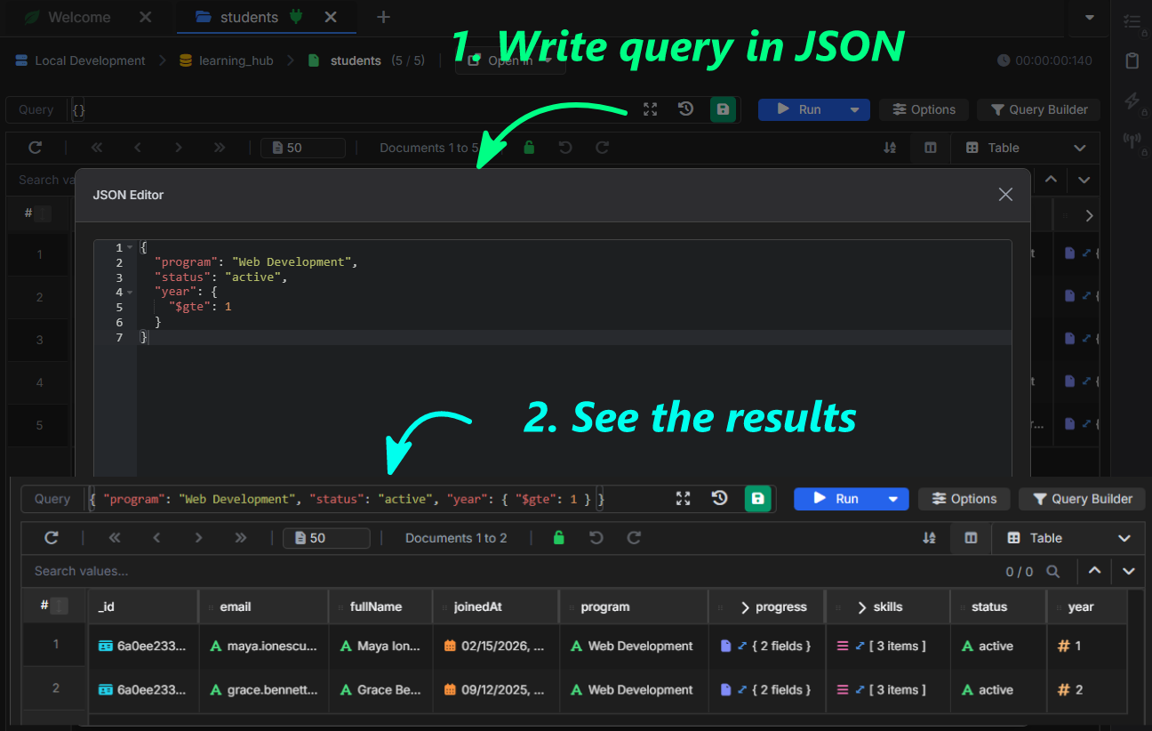 VisuaLeaf showing a MongoDB JSON query and the matching results in Table View.