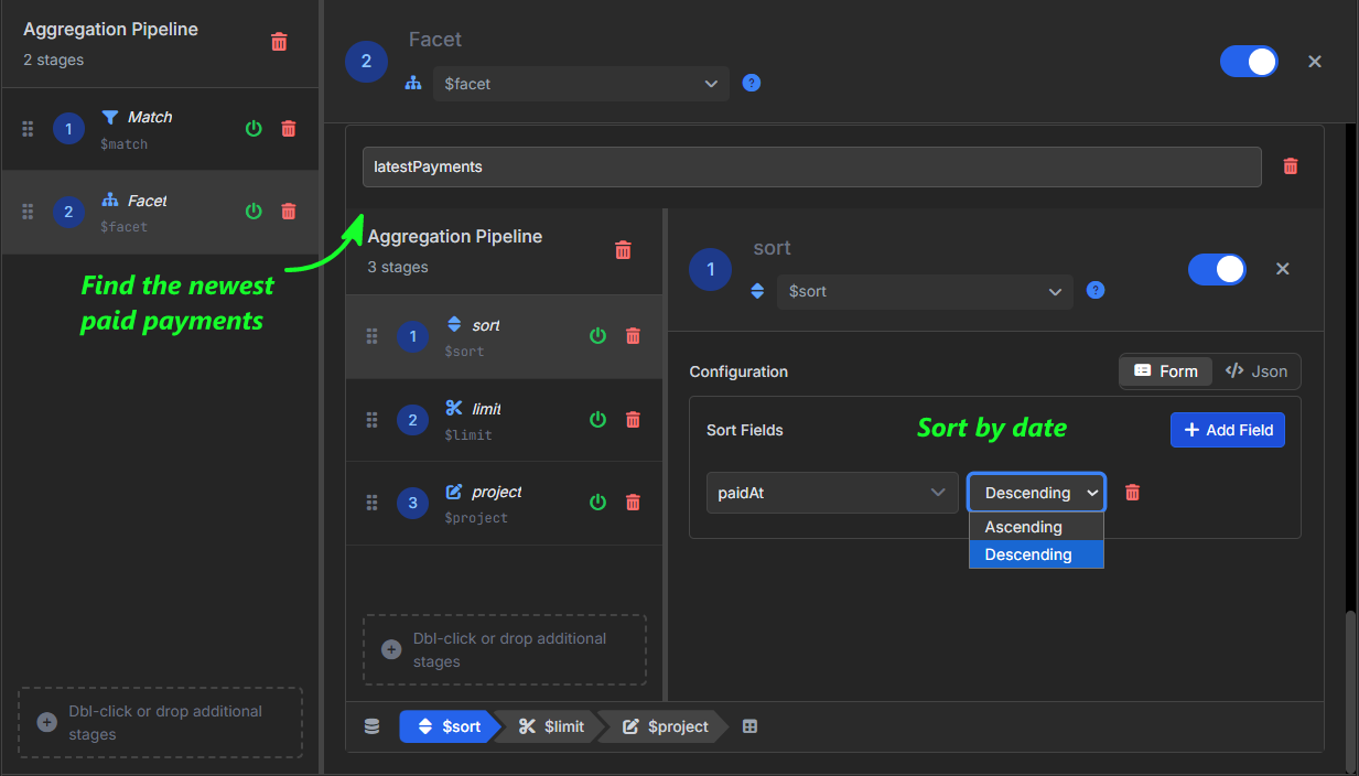 VisuaLeaf sorting paid payments by paidAt in descending order inside a $facet pipeline.