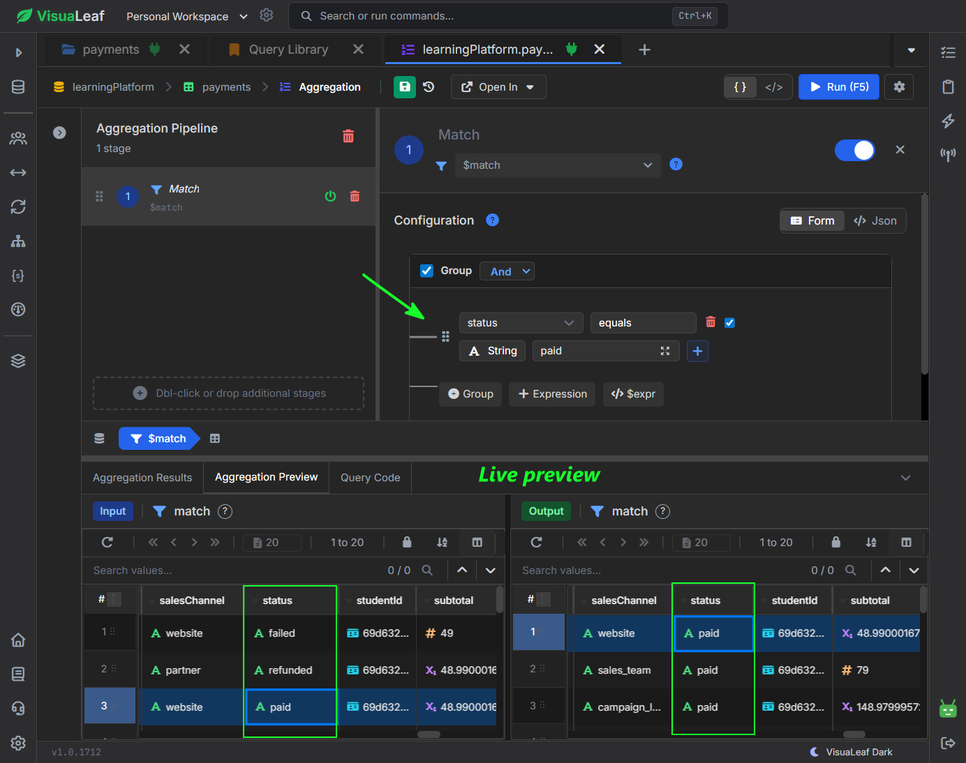 VisuaLeaf Aggregation Builder showing a $match stage that filters payments where status equals paid.