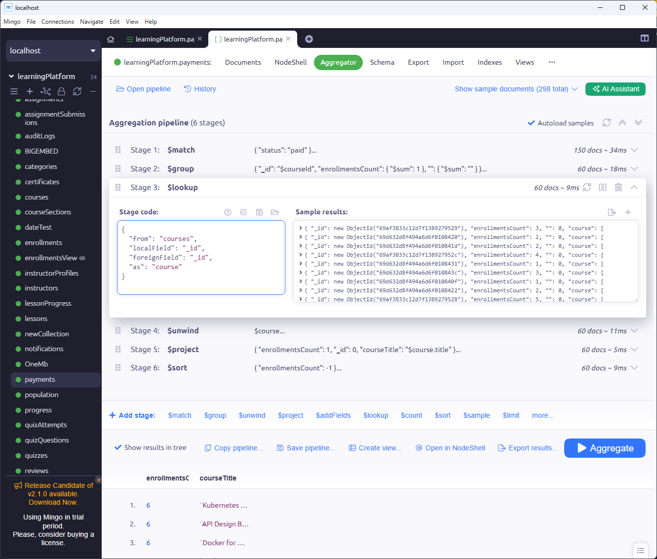 Mingo MongoDB aggregation pipeline editor