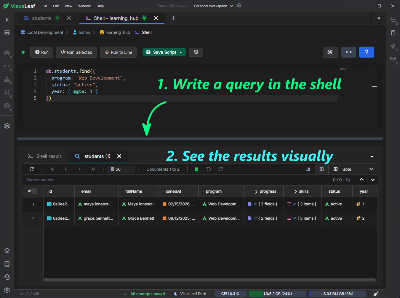VisuaLeaf MongoDB shell running a students query with results shown in Table View.