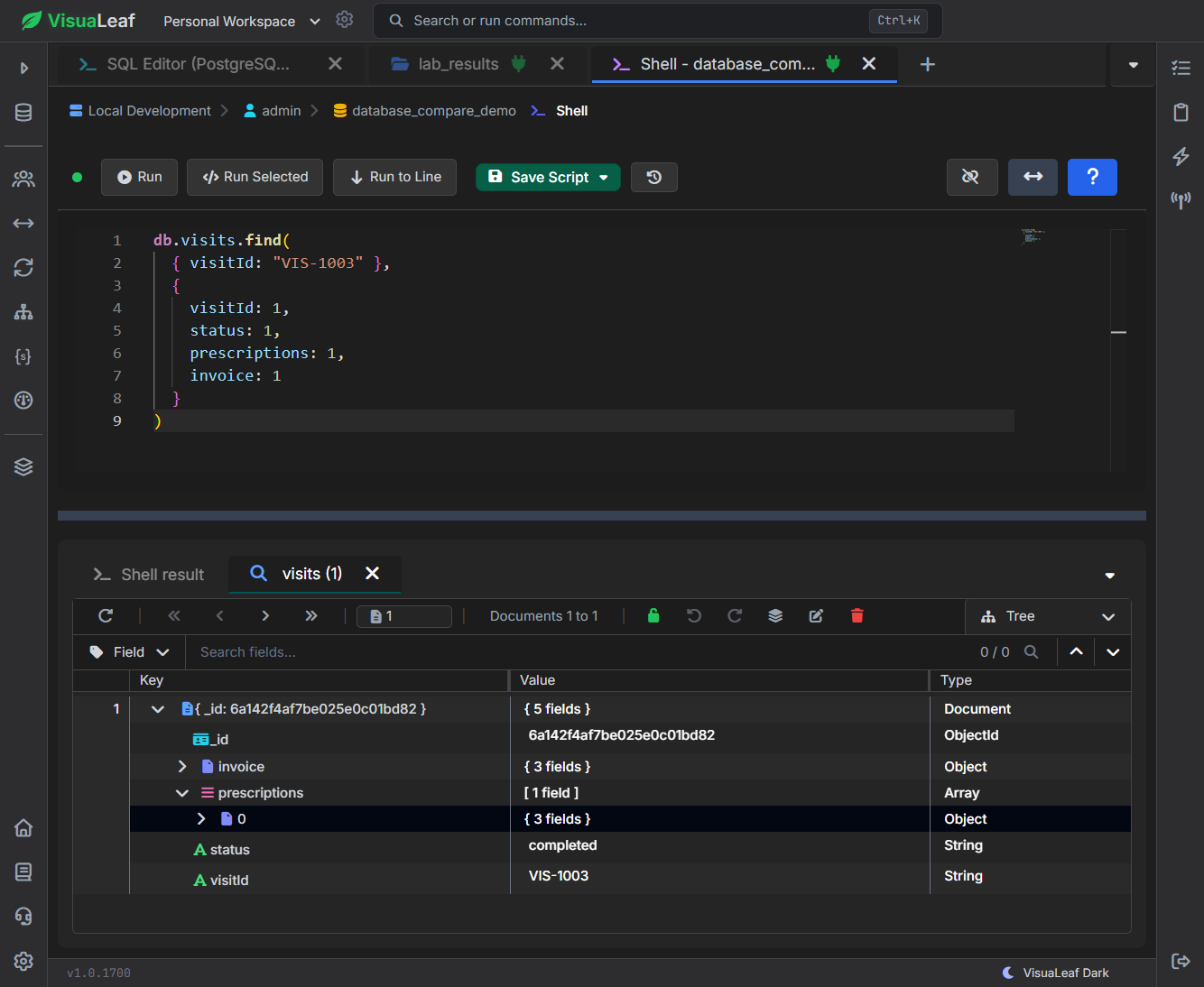 MongoDB update result showing completed visit with prescription and invoice