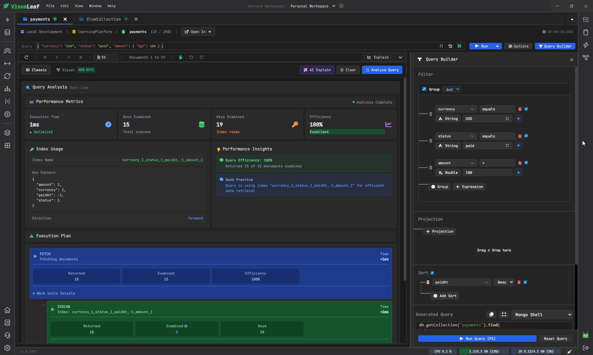 MongoDB Explain Plan in VisuaLeaf showing IXSCAN and compound index usage for payments query
