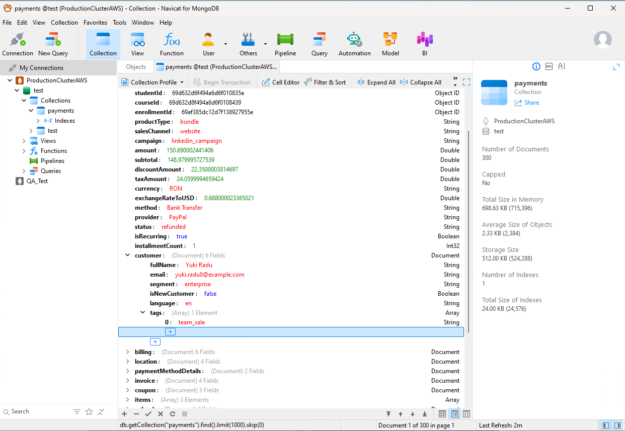 Navicat MongoDB tree view with document data