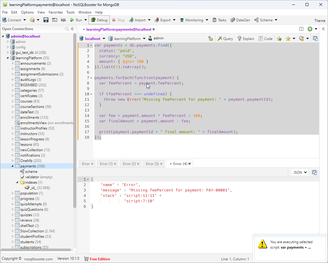 NoSQLBooster MongoDB script debugger with missing payment field
