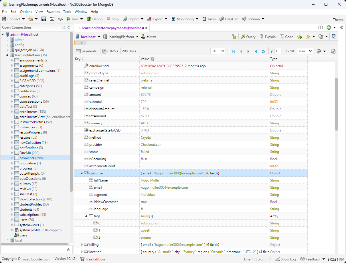 NoSQLBooster MongoDB tree view with document data