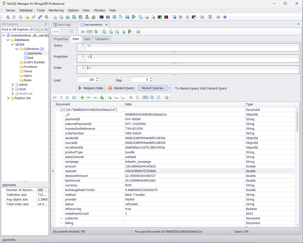 NoSQL Manager MongoDB tree view with documents