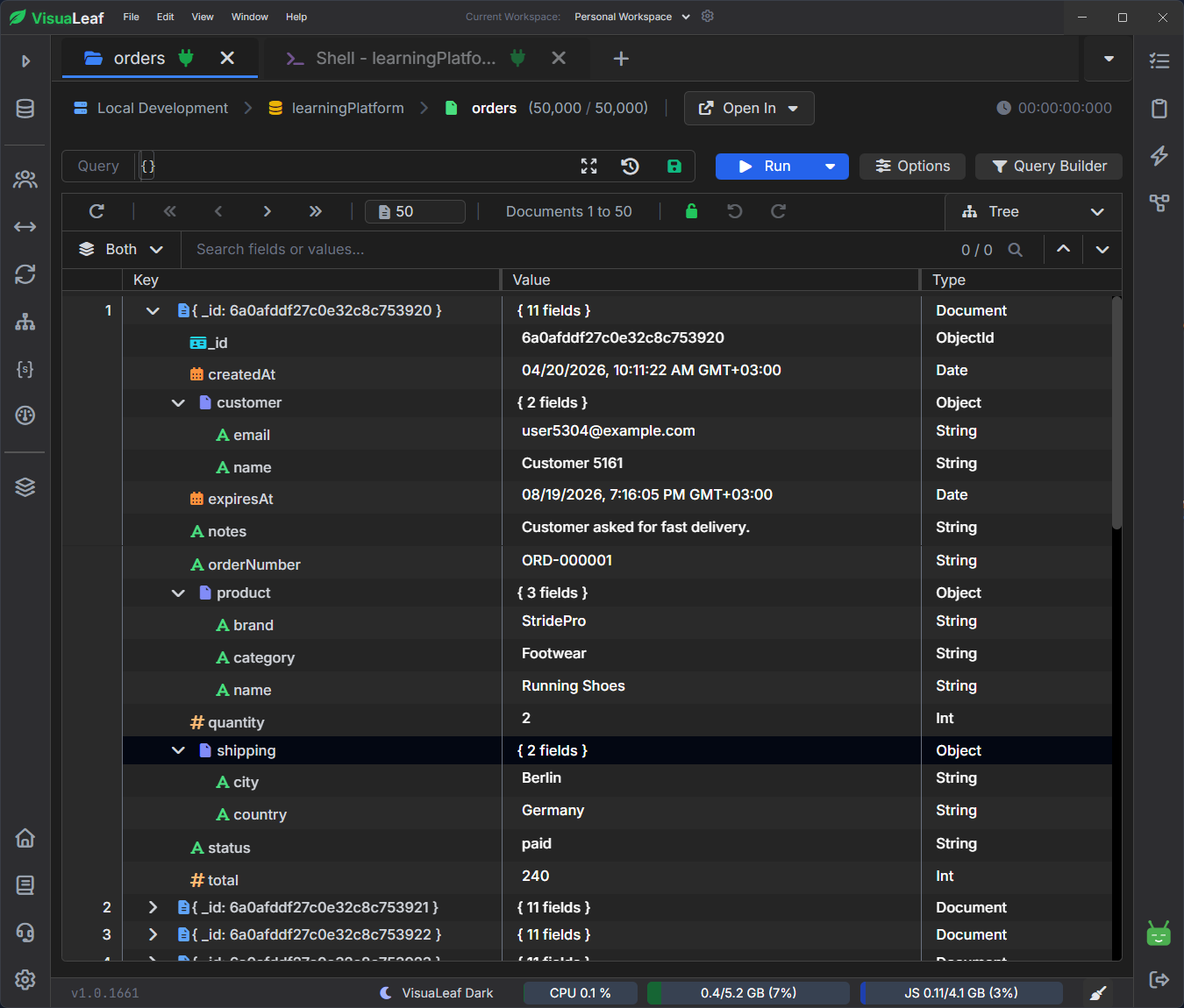 MongoDB orders collection with nested customer and product fields in VisuaLeaf