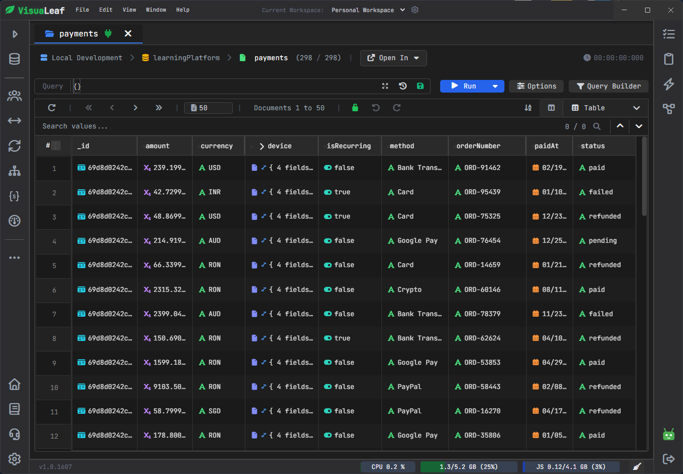 Payments collection in VisuaLeaf showing currency status amount and paidAt fields