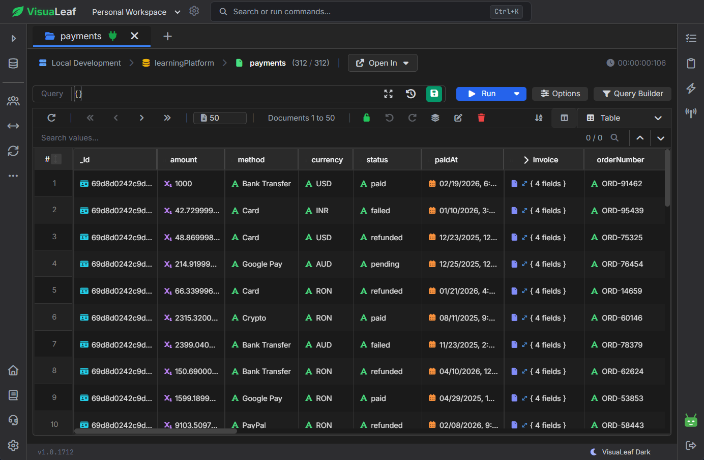 Payments collection in VisuaLeaf showing fields like amount, method, currency, status, and paidAt.