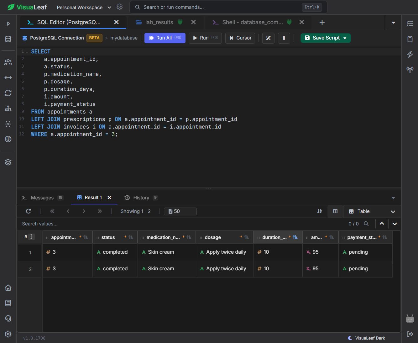 PostgreSQL transaction result showing appointment, prescription, and invoice
