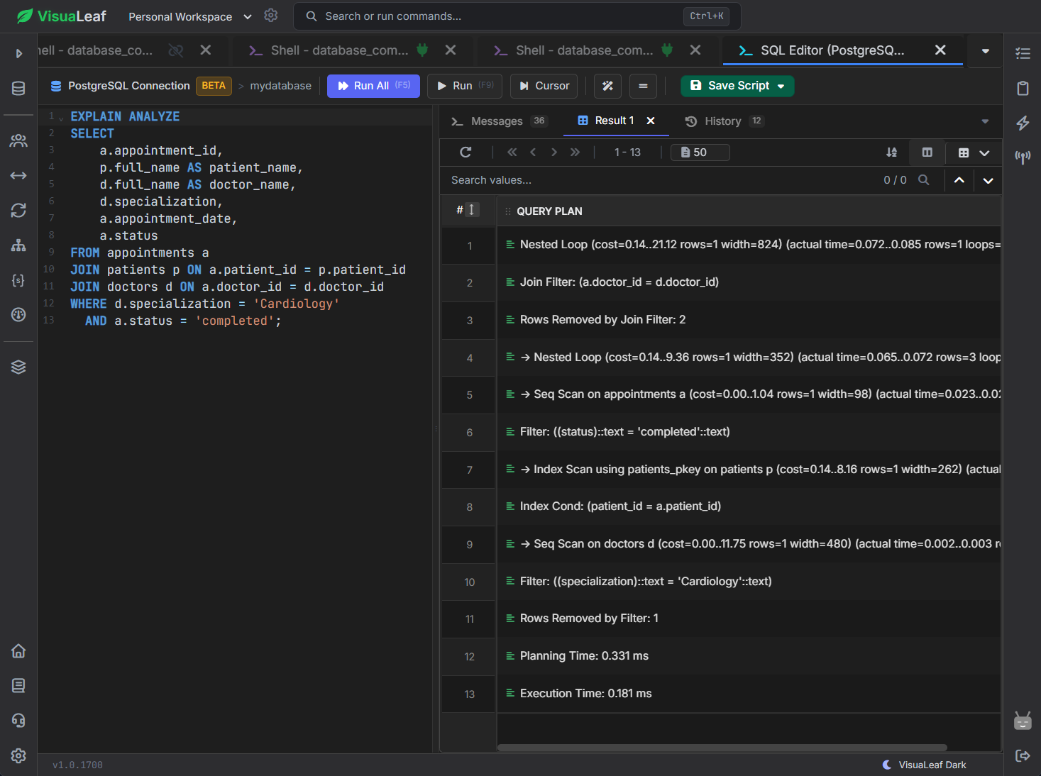 PostgreSQL EXPLAIN ANALYZE plan in VisuaLeaf for a clinic query joining appointments, patients, and doctors.