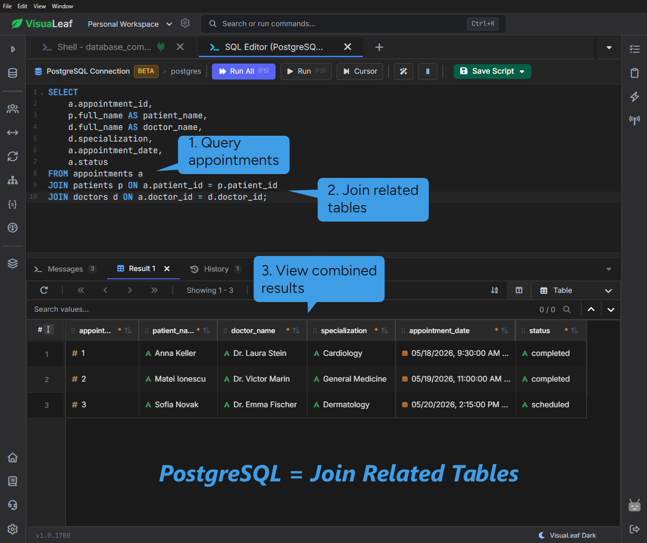 PostgreSQL query in VisuaLeaf joining appointments, patients, and doctors, with combined results displayed in a table.