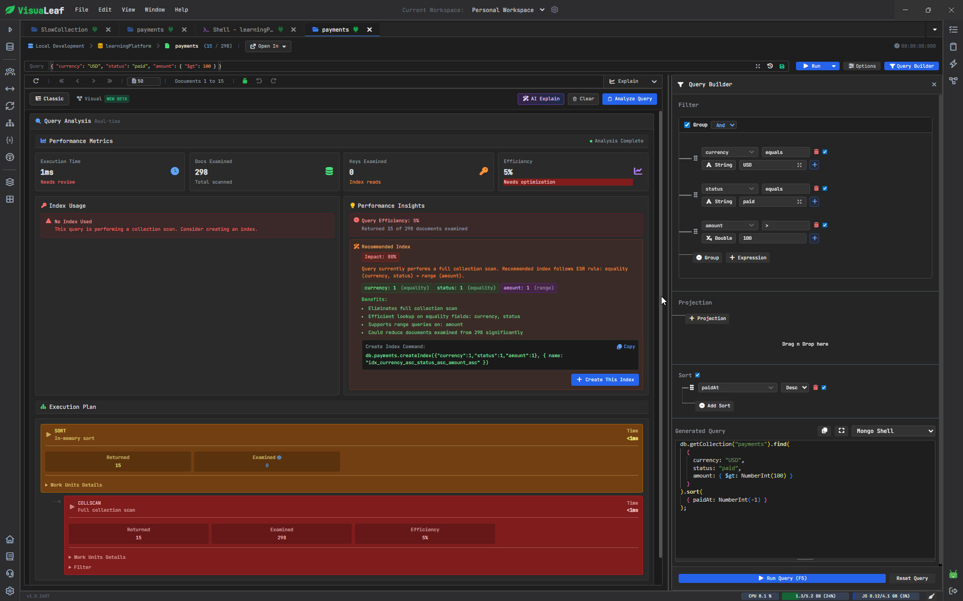 MongoDB Explain Plan in VisuaLeaf Query Builder showing collection scan and documents examined