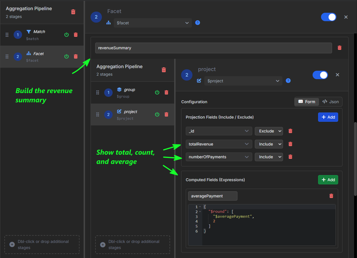 VisuaLeaf showing the revenueSummary branch with total revenue, number of payments, and average payment.