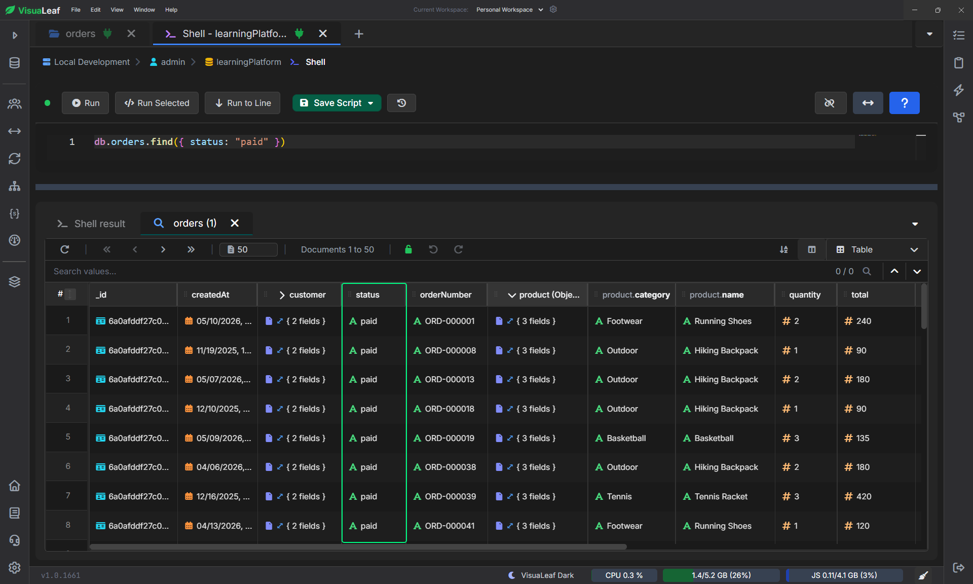 Single field MongoDB index on status shown in VisuaLeaf