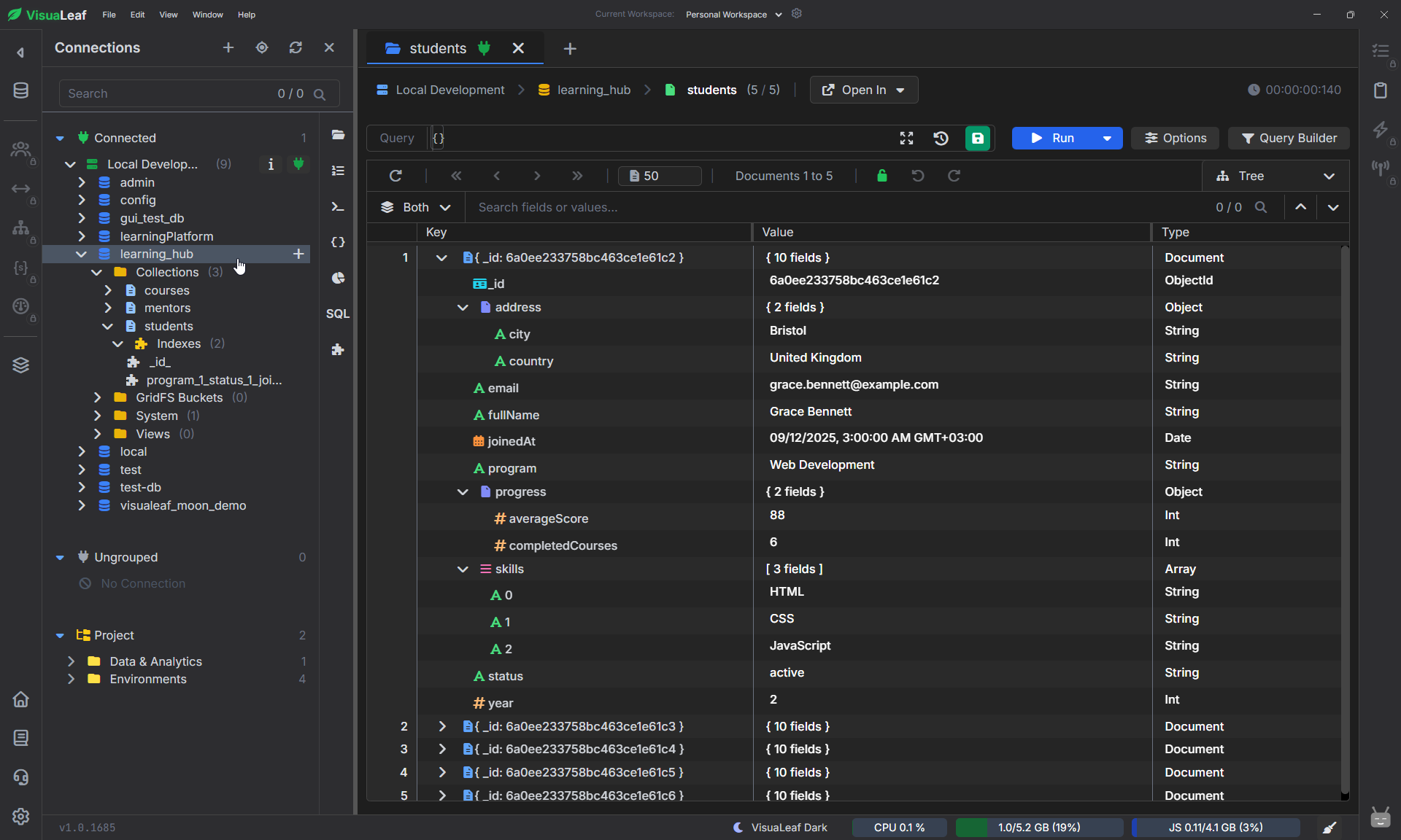 VisuaLeaf showing a MongoDB students collection in Tree View with nested fields and indexes.