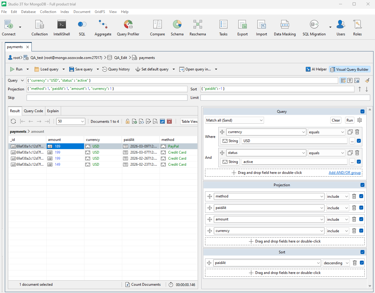 Studio 3T visual query builder for MongoDB filters