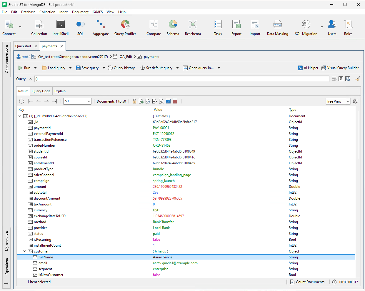 Studio 3T MongoDB tree view with nested fields