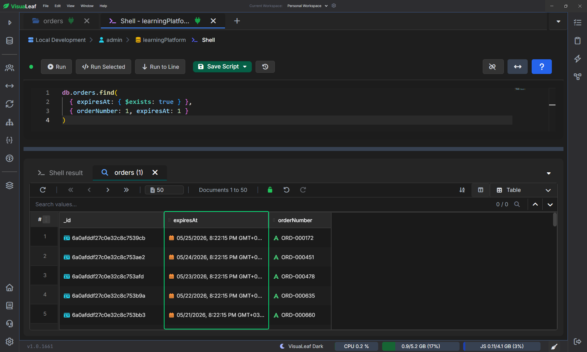 MongoDB index on expiresAt field shown in VisuaLeaf