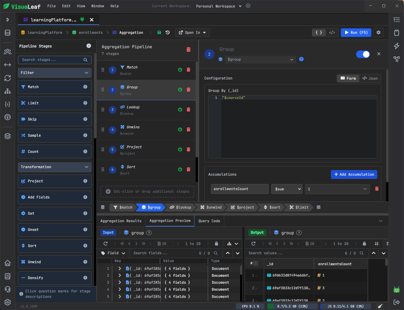 VisuaLeaf aggregation pipeline builder with stage preview