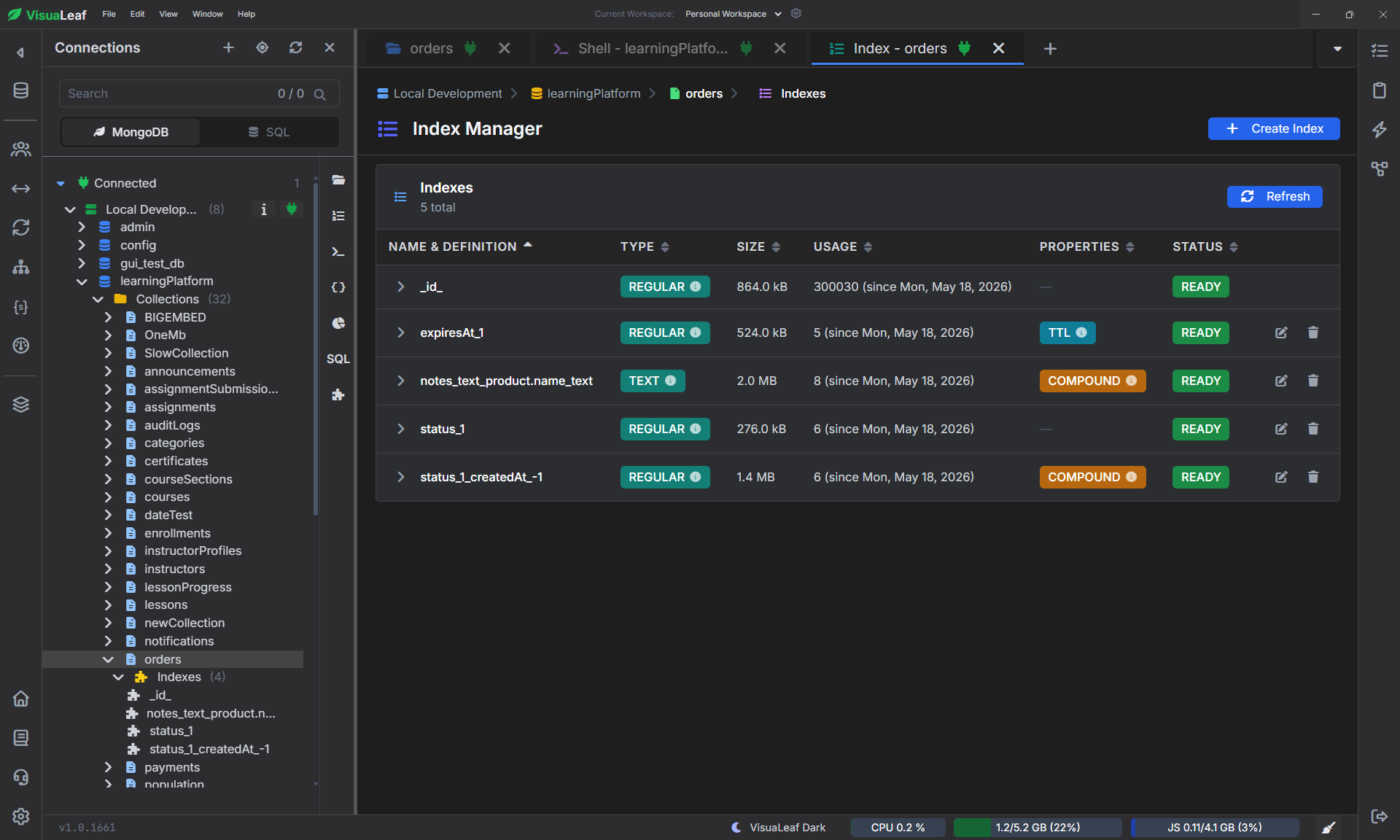 VisuaLeaf Index Manager showing single field, compound, text, and TTL indexes for a MongoDB orders collection