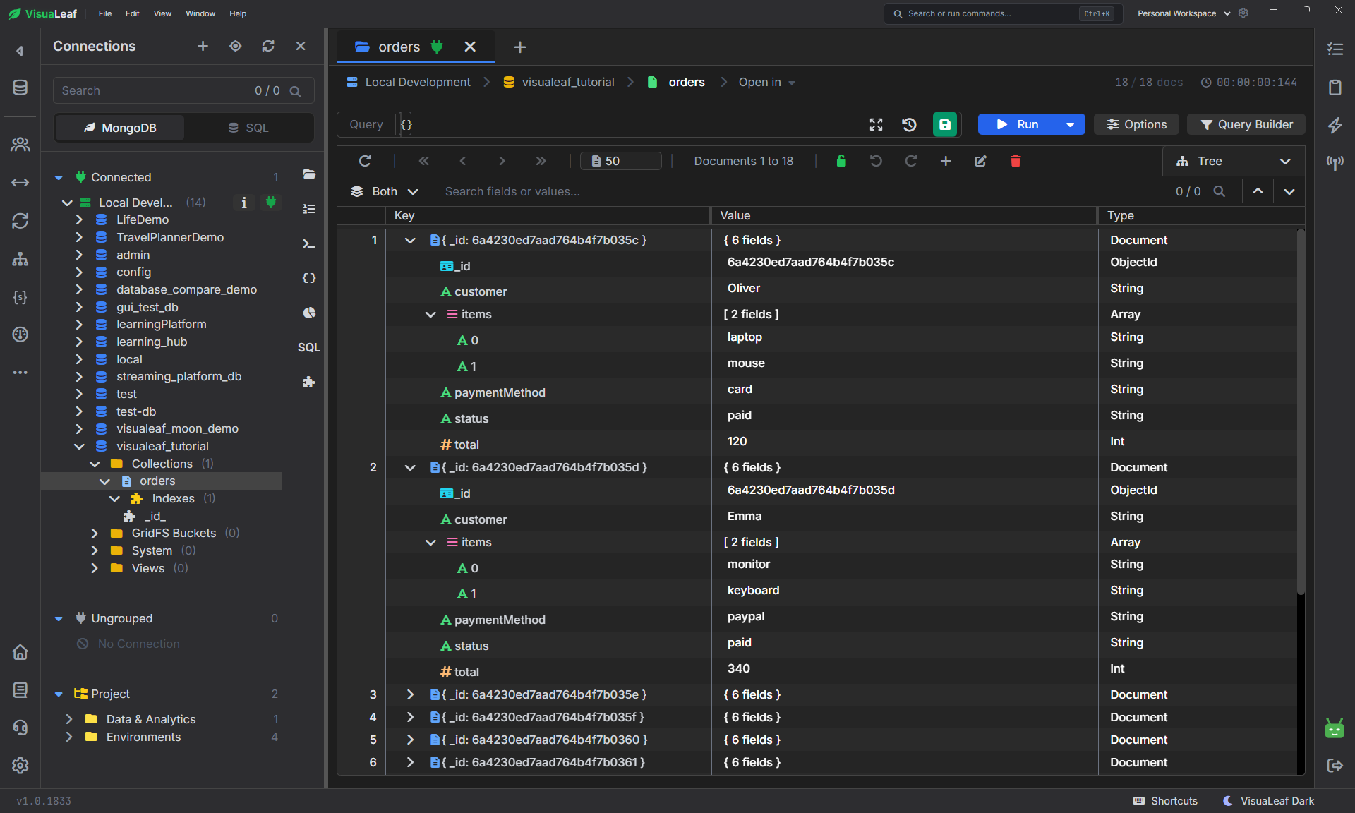 VisuaLeaf Tree View showing the orders collection with fields like customer, status, total, paymentMethod, and items.