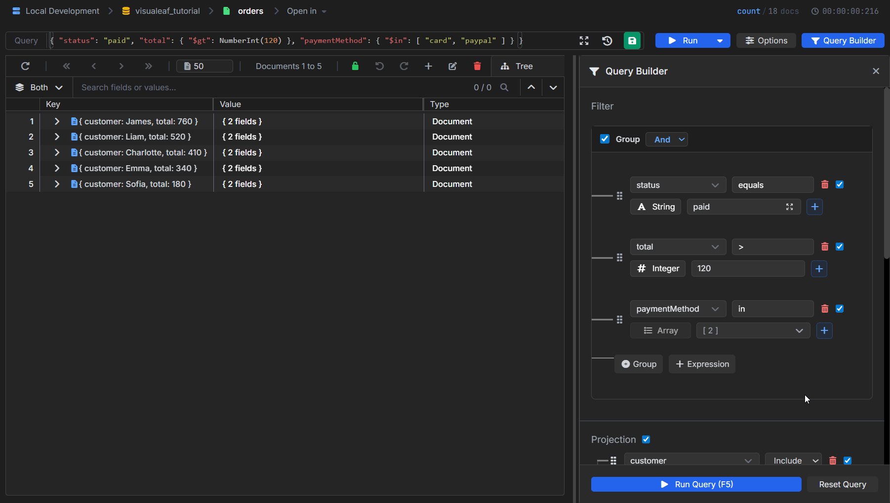 VisuaLeaf Visual Query Builder showing filters for paid orders over 100, paymentMethod card or paypal, selected fields, sort by total descending, and limit 5.