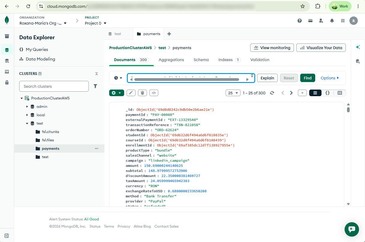 VisuaLeaf showing the MongoDB Atlas payments collection used as the target collection.