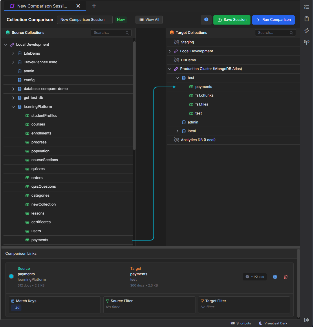 VisuaLeaf compares a local MongoDB payments collection with a MongoDB Atlas payments collection.