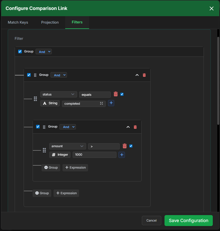 VisuaLeaf visual filter for comparing completed MongoDB payments with amount greater than 1000.