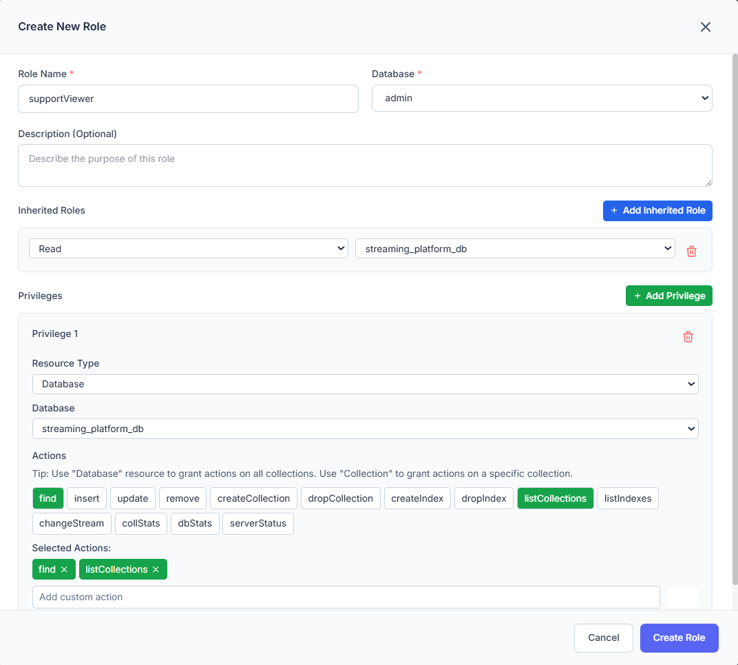 VisuaLeaf Create New Role dialog for creating the supportViewer MongoDB role with find and listCollections permissions.