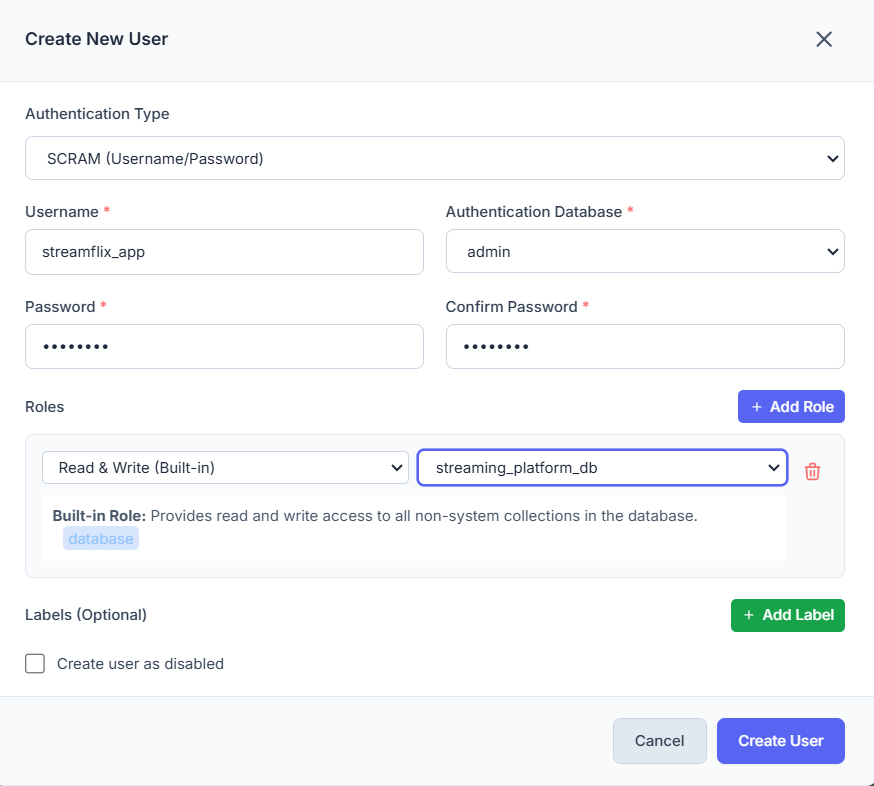 VisuaLeaf Create User dialog assigning the readWrite role to the streamflix_app MongoDB user.