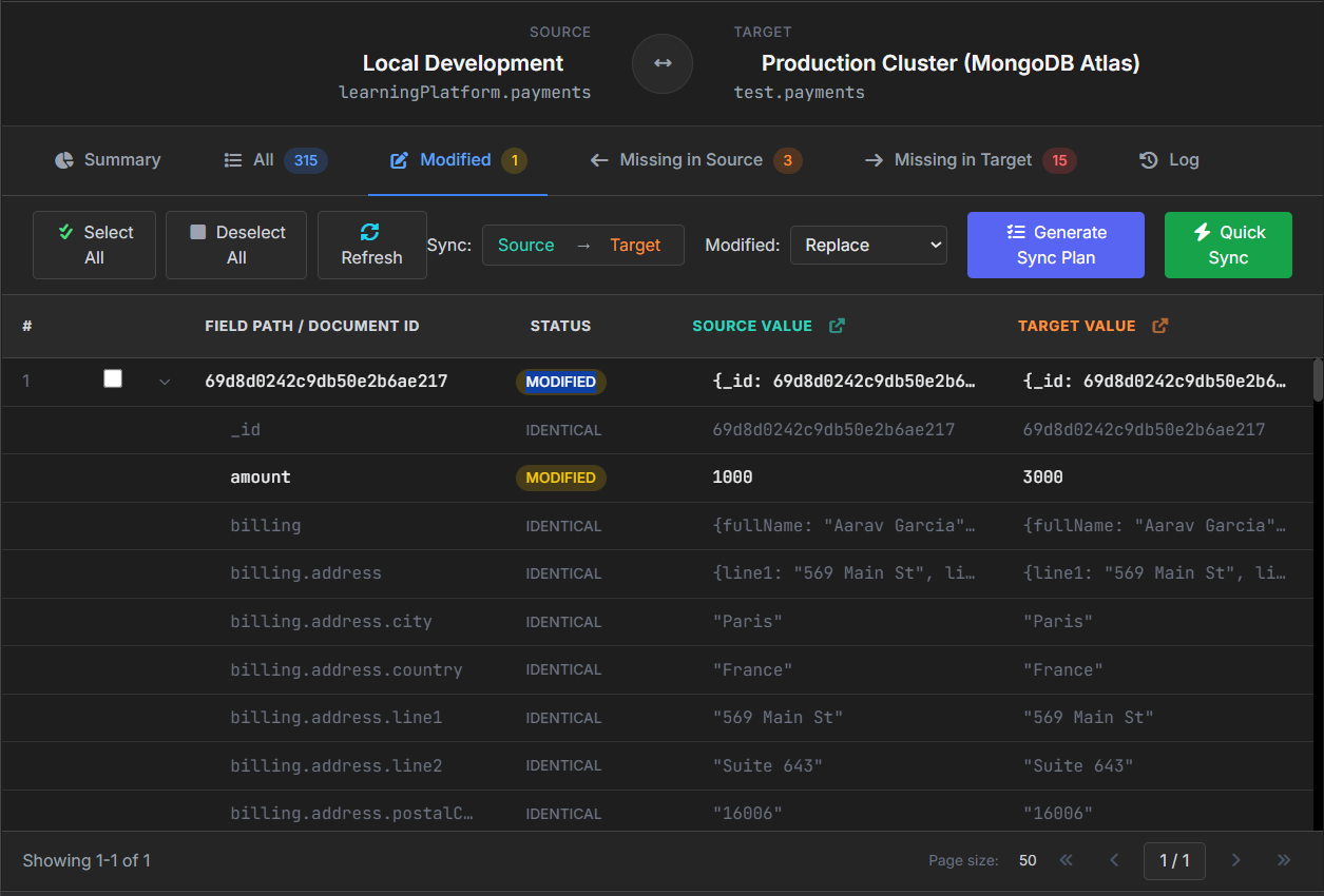 VisuaLeaf showing a modified MongoDB payment where the amount is 1000 locally and 3000 in MongoDB Atlas.