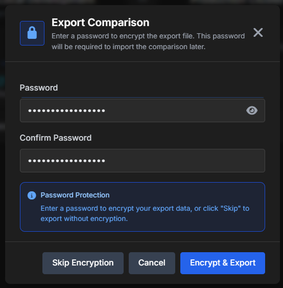 VisuaLeaf Export Comparison dialog with password protection for sharing MongoDB comparison results.