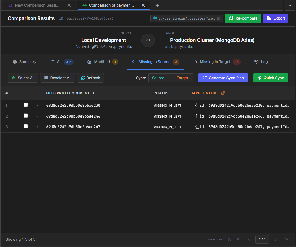 VisuaLeaf showing payments that exist in MongoDB Atlas but are missing from the local MongoDB collection.