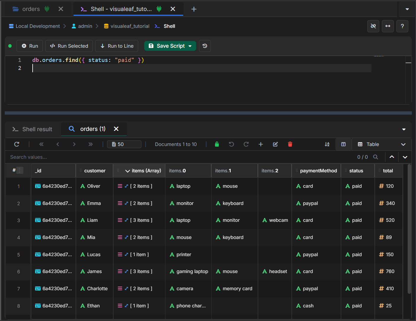 VisuaLeaf shell showing the query db.orders.find({ status: "paid" }) and the matching results.
