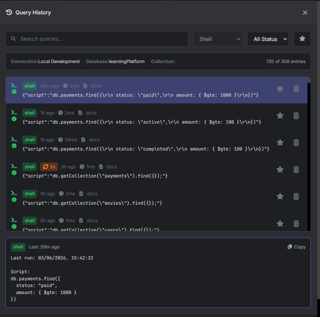VisuaLeaf Query History showing previously executed MongoDB shell commands