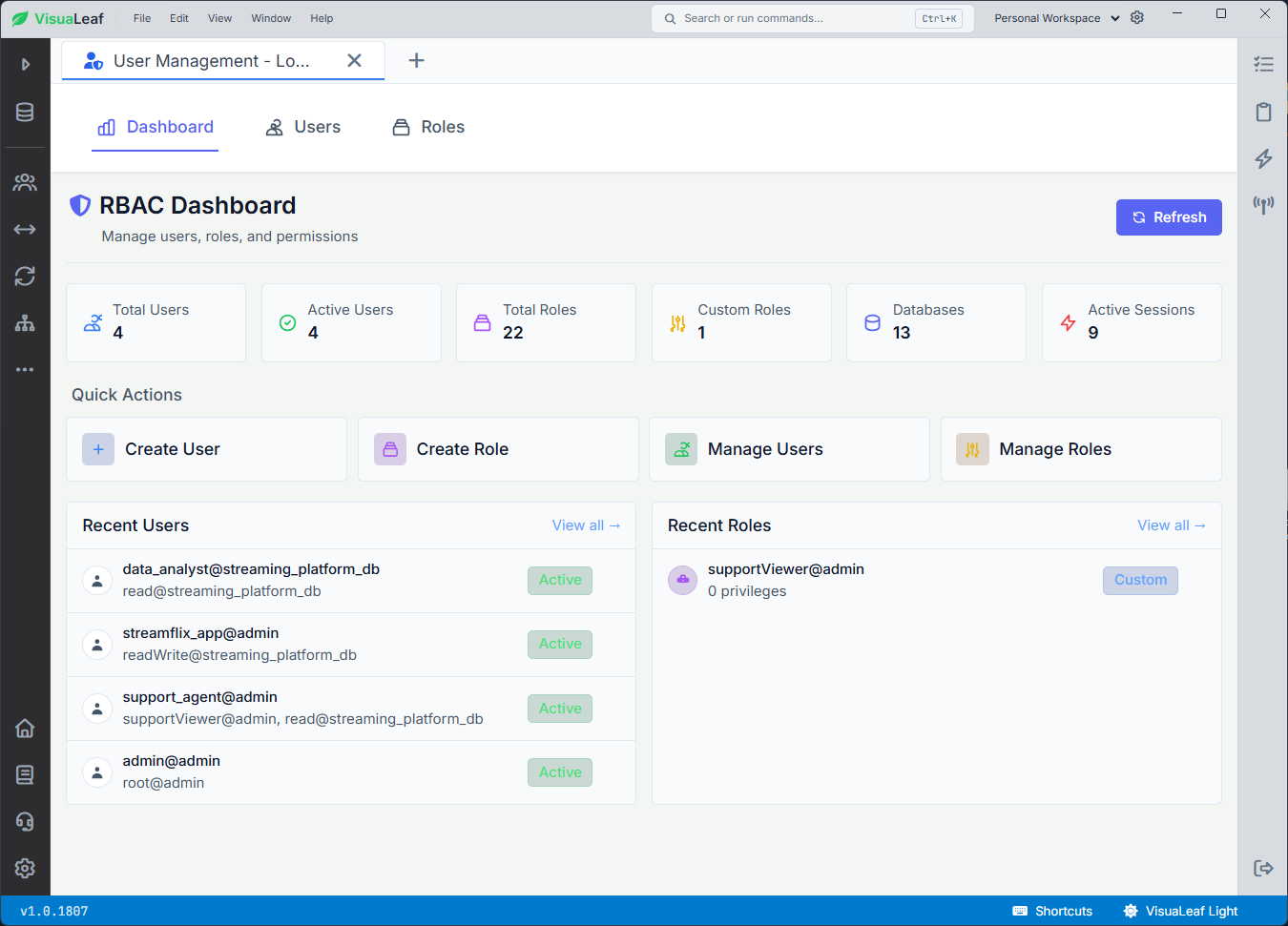 VisuaLeaf RBAC Dashboard showing MongoDB users, assigned roles, databases, and active sessions.