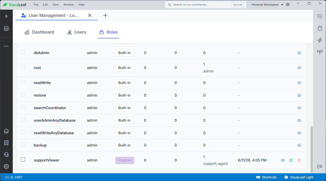 VisuaLeaf Roles tab showing built-in MongoDB roles and a custom supportViewer role.