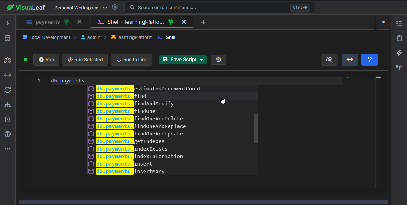 MongoDB Shell autocomplete in VisuaLeaf showing method suggestions for the payments collection