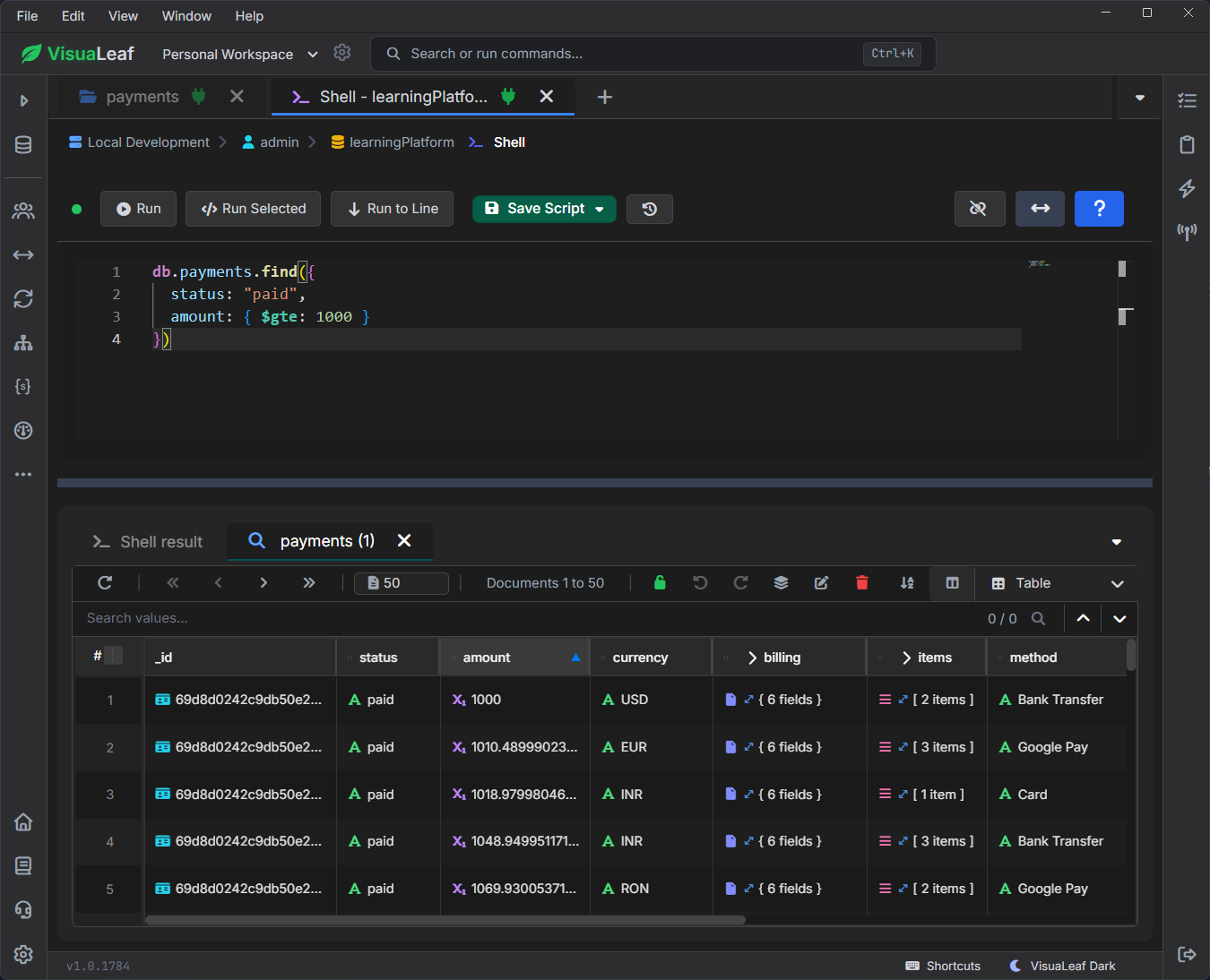 VisuaLeaf MongoDB Shell showing a payments query with visual table results