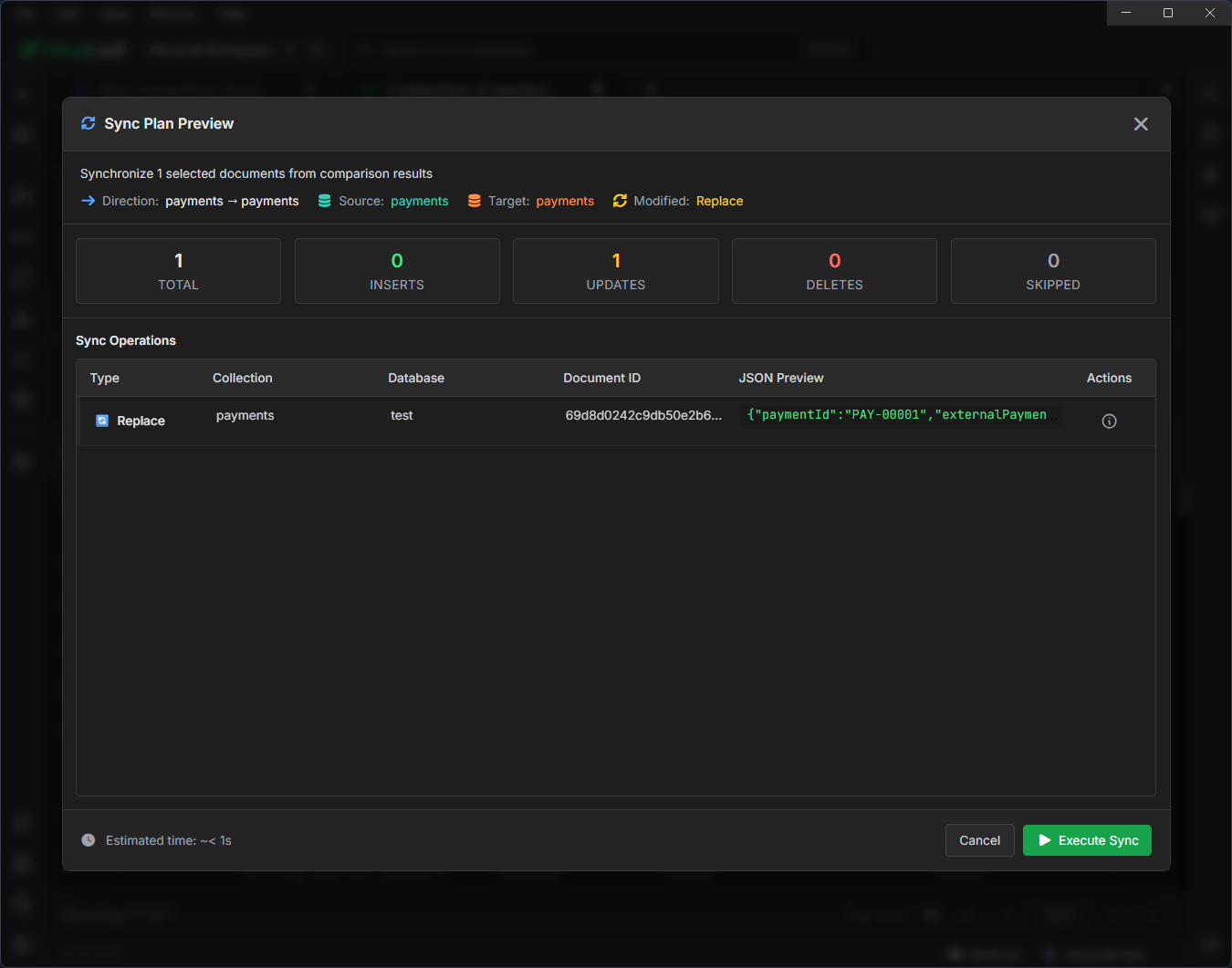 VisuaLeaf sync plan preview showing one MongoDB payment update before execution.