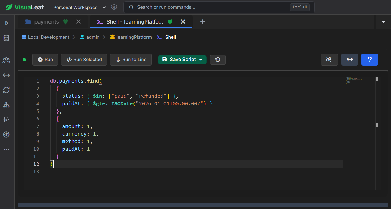 VisuaLeaf MongoDB Shell showing a highlighted query with status filter, date condition, and selected payment fields