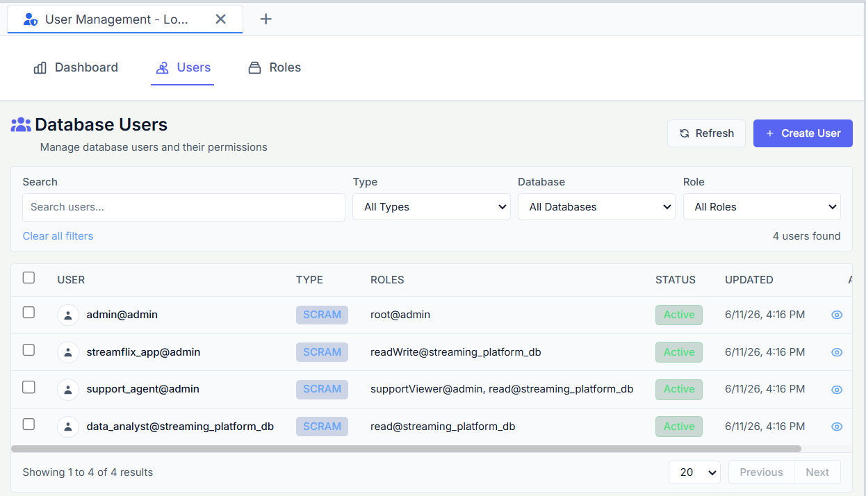 VisuaLeaf Users tab showing MongoDB users with SCRAM authentication and assigned roles, including root, readWrite, read, and supportViewer.